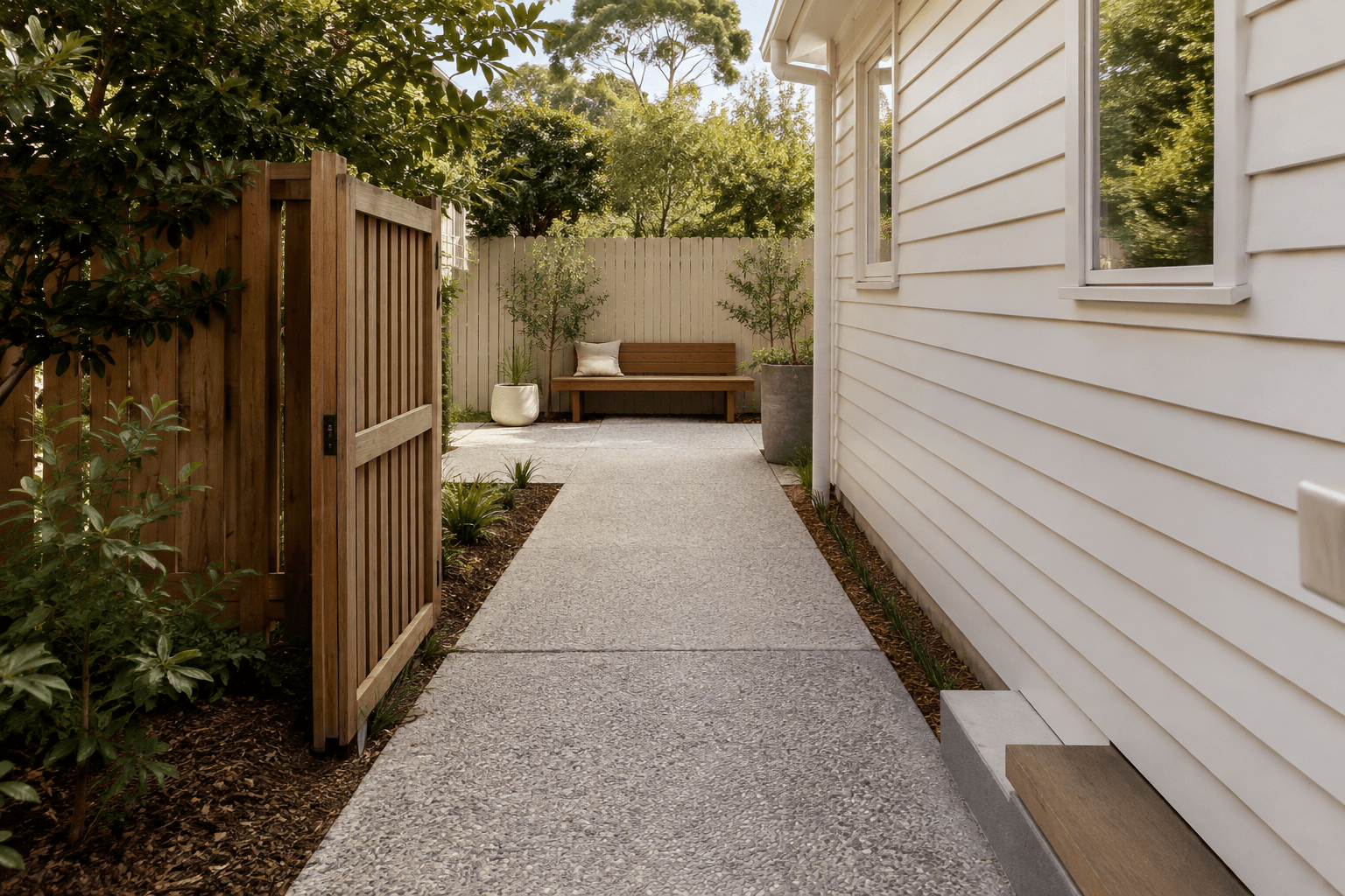 Exposed aggregate pathway connecting a side gate with a garden sitting area